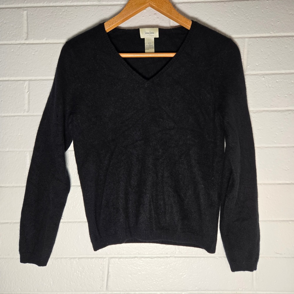Vtg Neiman Marcus Cashmere Sweater Large Black V-Neck Long Sleeve Classic Office